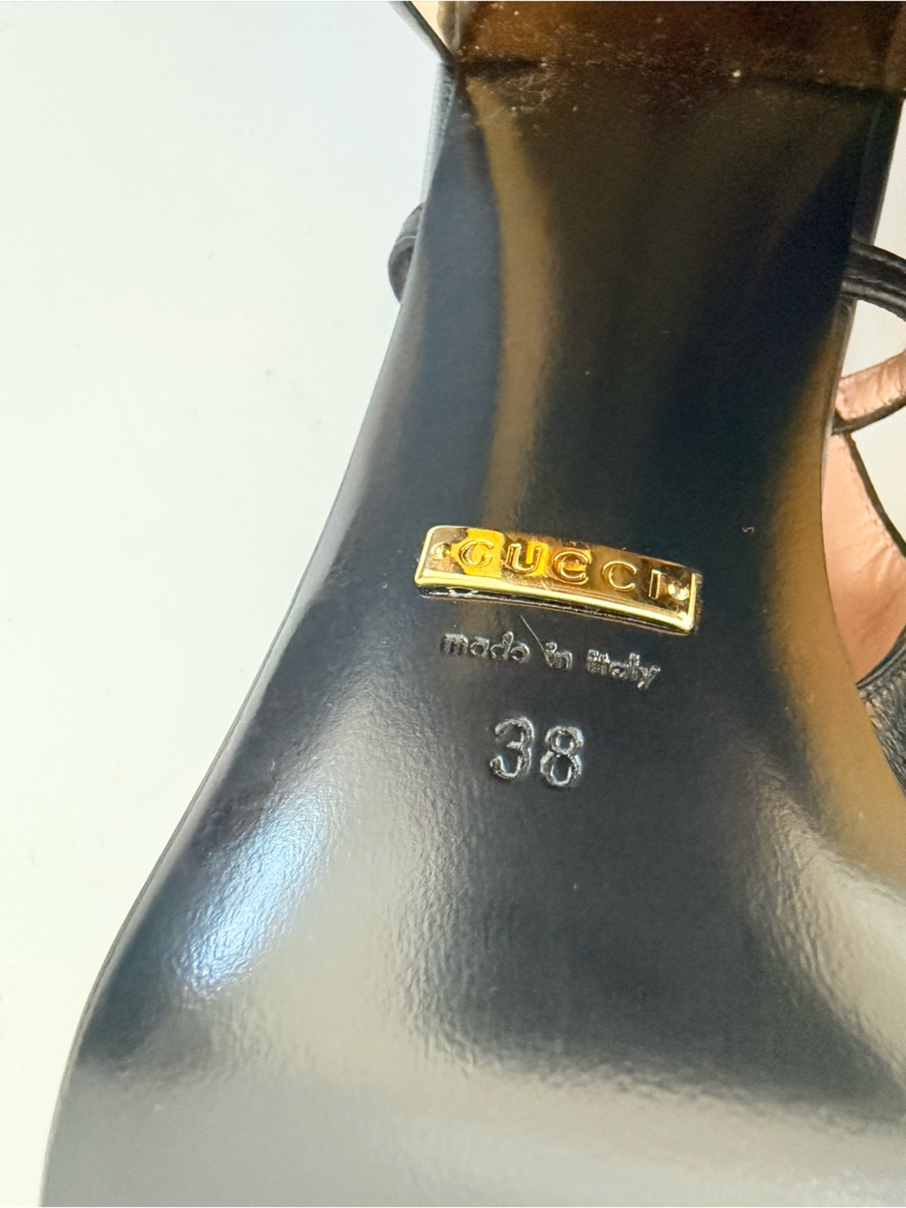 Gucci Malaga kid Horsebit 75mm Black Leather Slingback Pumps Gold Block Heel 38 - Picture 9 of 11